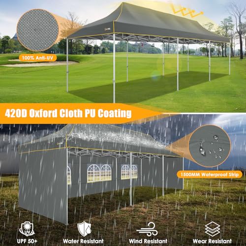 HOTEEL 10x30 Heavy Duty Pop Up Canopy Tent with 5 Sidewalls&Wheeled Bag, Commercial Event Party Tent Wedding Instant Canopy Waterproof, Upgraded Thicked Hexagonal Legs, UV 50+, Gray - color: Gray, size: 10x30FT (+5 Walls)