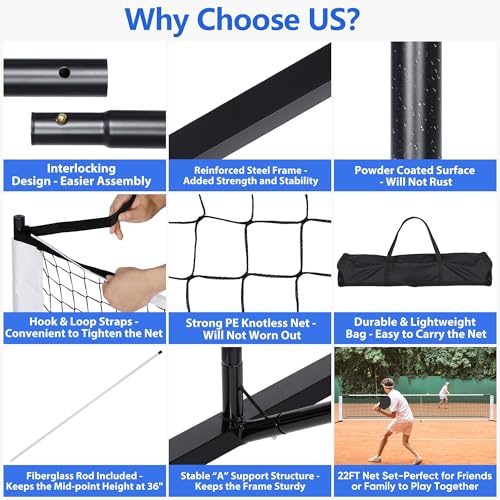 22FT Regulation Pickleball Net Set - Heavy Duty Metal Frame Portable Pickleball Net System with Carry Bag for Backyard, Driveway & Outdoor Games - style: Pickleball Net with Court Marker