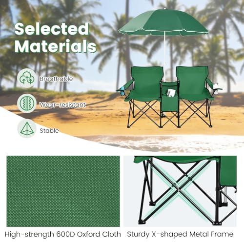 COSTWAY Double Portable Picnic Chairs, Folding Camping Chairs w/Detachable Umbrella, Cooler Bag, Cup Holders, Patio Beach Camping Chairs for Outdoors, Green - color: Green