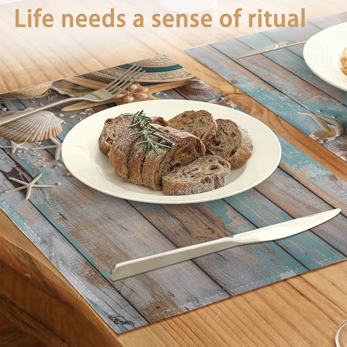 Beach Themed Placemats Set of 6,Blue Wooden Waterproof Non-Slip Washable Table Mats for Kitchen Dining Holiday Party Wedding Decor 12x18 Inch - color: Beach Themed,blue Wooden