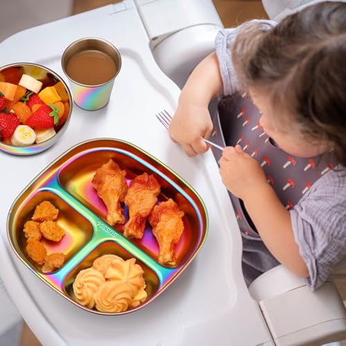 Tioncy 15 Pcs Stainless Steel Kids Dinner Set, Bowls, Balanced Bites Divided Plates, Cups, Spoons and Forks, Stainless Steel Lunch Plates Dinnerware Set for Kids Toddlers (Classic) - style: Classic