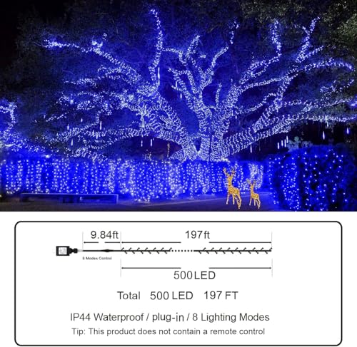 KNONEW Outdoor Christmas Lights 500 LED 197ft String Lights 8 Modes & Memory Fairy Light Plug in Waterproof LED String Lights for Xmas Yard Tree Wedding Party (Blue and White) - color: White and Blue, size: 197FT 500 LED