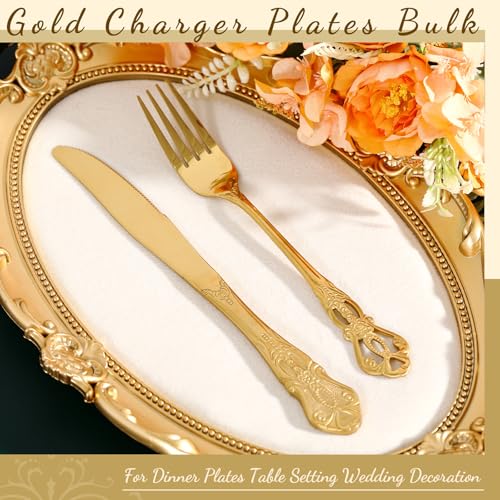 Dandat 60 Pcs Forks and Knives Cutlery Set Stainless Steel Steak Knives Forks Flatware Royal Silverware Set for Wedding Party Restaurant Dishwasher Safe (Gold)