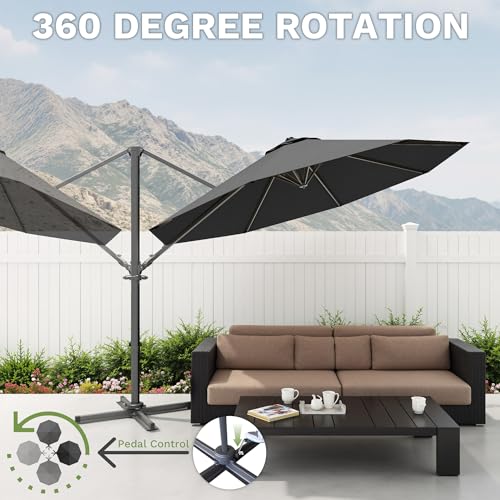 Patiowell 10 FT Patio Umbrella, Outdoor Cantilever Umbrella with 360 Degree Rotation & 5 Adjustable Tilt, Large Hanging Offset Round Sun Umbrella with Frame for Backyard Garden Poolside, Black - color: Black, size: 10 FT