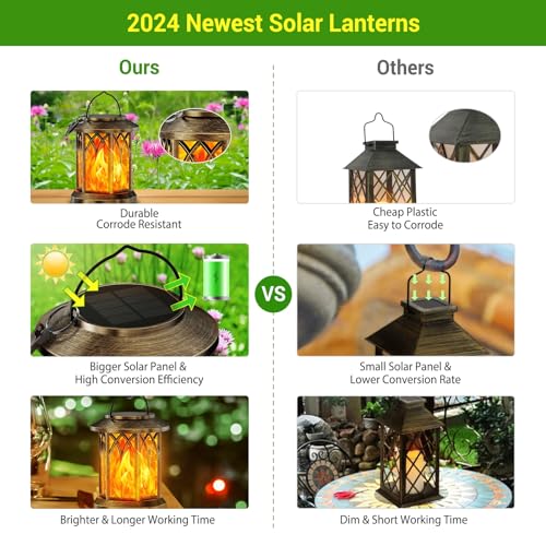 KOOPER 4 Pack Solar Lanterns Outdoor Waterproof, Upgraded Flickering Flame Solar Lantern Lights, Auto On/Off Lanterns Decorative Outdoor, Outdoor Hanging Lantern for Yard Garden Table Decor (Bronze ) - size: 4 Pack, style: Flame