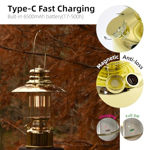 Large 18” Metal RetroLED Camping Lantern, 6500mAh Rechargeable Battery Last 17-500 Hours Camping Lamp, Classic Dimmable Hanging Lantern, Vintage Camping Light for Courtyard Outdoor Decoration - style: Large Retro Gold
