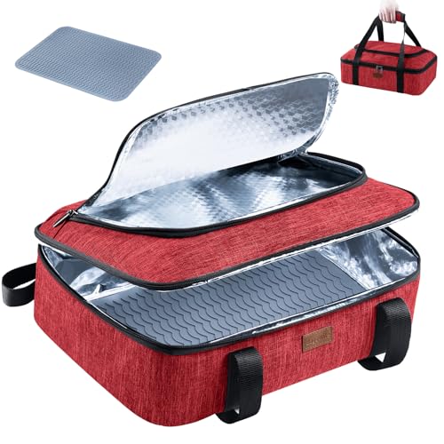 BAGSPRITE Insulated Casserole Carrier for Hot or Cold Food with Heat-resistant Mat, Fits 9" x 13" Baking Dish - color: Red, size: Style A