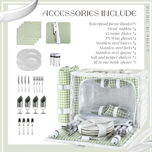Picnic Basket Set for 4 with Waterproof Blanket Mat Insulation Bag Wicker White Green Plaid Classic Fresh Gift for Christmas Thanksgiving Wedding Birthday Camp Outdoor Beach Travel - color: Green Plaid