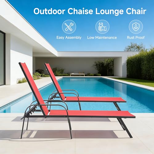 DUMOS Outdoor Lounge Chaise, 5-Position Chaise Lounge with Armrests, Sun Tanning Chair 350 lbs Heavy Duty Patio Pool Chair, Waterproof Sun Lounger for Deck, Backyard, Beach & Poolside, Red - color: Bright Red