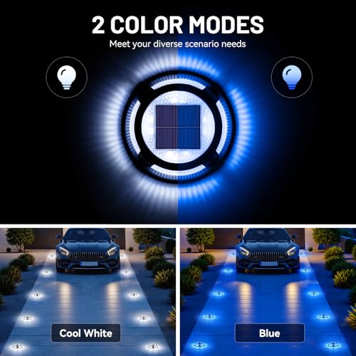 Solar Driveway Lights, 8 Pack Heavy Duty Driveway Lights Solar Powered 2 Color Mode (Cool White/Blue) IP68 Waterproof Outdoor Solar Deck Lights with Ground Stake for Pathway Garden Yard Walkway Dock - color: Cool White & Blue, size: 8 Pack