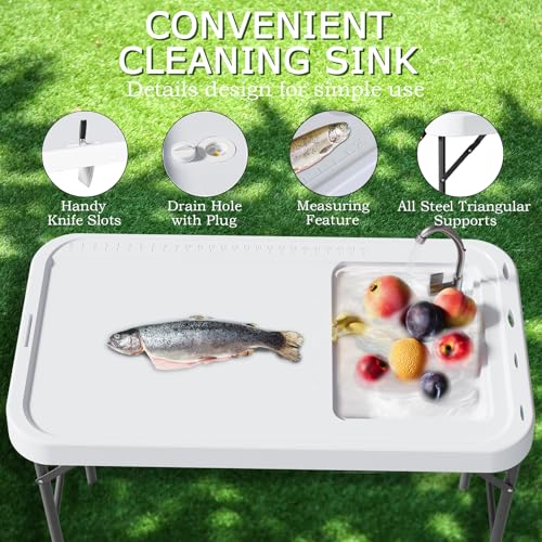 Folding Fish Cleaning Table with Sink, Portable Camping Sink Table with Measure Mark, Drainage Hose and Knife Groove, Outdoor Fish Fillet Cleaning Station for Picnic Fishing, White - color: Off White
