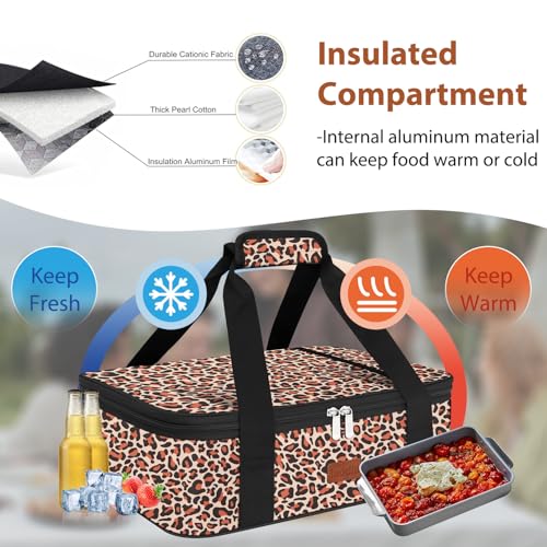 Insulated Casserole Carrier Bag, Expandable Thermal Food Carrier Insulated Travel Carry Bag for Hot or Cold Food for Picnic Cookouts Potluck Parties Fits 9" x 13" Baking Dish (Leopard) - color: Leopard, size: 16x11.4x4.7inch