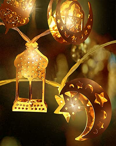 Ramadan Decorations, 10 LEDs Eid Moon Star Kerosene Lantern Lamp 5.41 Feet, Mubarak Moon String Lights, Battery Operated, Ramadan Decorations for Home 2024 Eid Mubarak (Warm White Color) مصباح رمضان - style: Art Deco