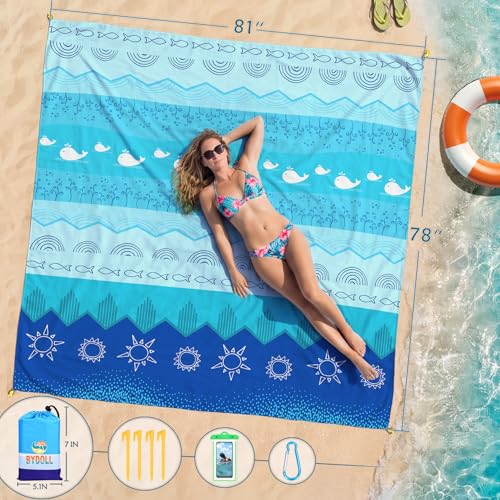 BYDOLL Beach Blanket 78''X81'' Waterproof Sandproof Suits1-4 Adults Oversized Lightweight Large Blanket Picnic Mat for Beach Sand Free Travel Camping Hiking Picnic - color: Sea, size: 78"X81"
