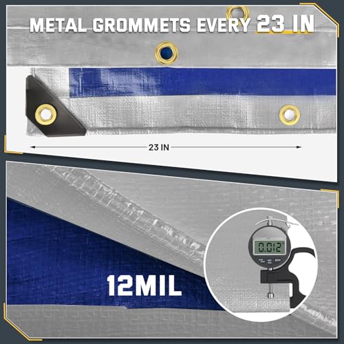 Kesfitt 12 Mil Heavy Duty Waterproof Tarp with Metal Grommets, 10x12 ft, Silver & Blue Reversible Poly Tarp for Outdoor Protection, Yard, Worksite, Pools, Vehicles, Equipment Coverage - size: 10x12 ft