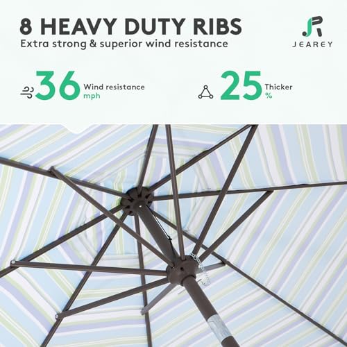 JEAREY 9FT Outdoor Patio Umbrella Outdoor Table Umbrella with Push Button Tilt and Crank, Market Umbrella 8 Sturdy Ribs UV Protection Waterproof for Garden, Deck, Backyard, Pool (Blue Green Stripe) - color: Blue Green Stripe