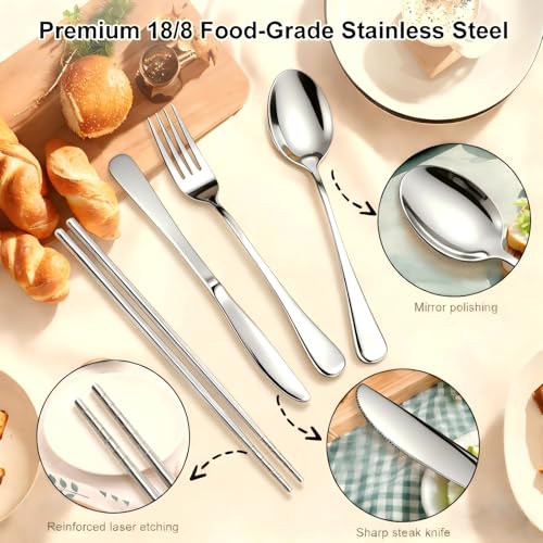 Reusable Travel Utensils Set with Case, Premium Stainless Steel Flatware, Portable Silverware for Lunch, Camping, Picnic, Travel Fork and Spoon Set, To Go Utensils, Dishwasher Safe (Silver) - color: Silver