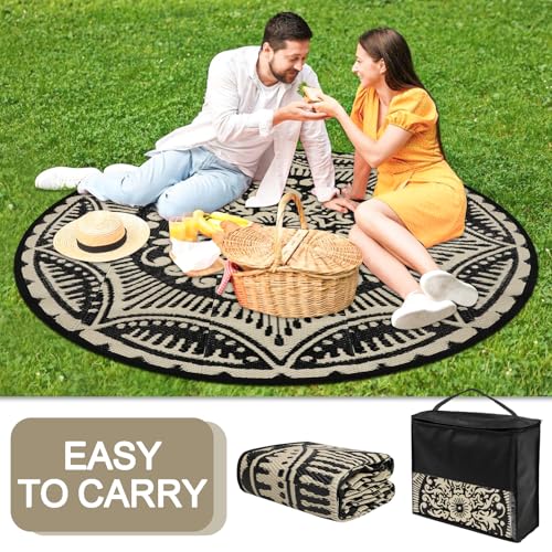 Capslpad 6x6 Floral Outdoor Rug for Patio Clearance Reversible Mat Round Portable Plastic Straw Carpet Waterproof Boho Outside Area Rug for RV Camping Picnic Tent Balcony Beach Deck, Black and Brown - color: Black&brown, size: 6' (Round)