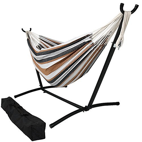 Sunnydaze Double Brazilian Hammock with Stand and Carrying Case - 400-Pound Capacity - Black Stand - Calming Desert - color: Calming Desert