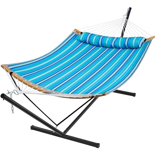 SUPERJARE Hammock with Stand, 2 Person Heavy Duty Hammock with Padded Cotton, Detachable Pillow & Strong Curved-Bar & Portable Carrying Bag, Perfect for Outdoor & Indoor, Aqua Blue - color: Aqua Blue