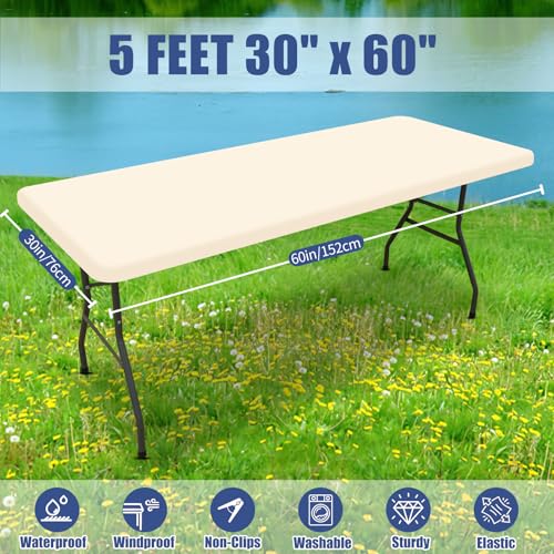 Moosfor Spandex 5 Foot Rectangle Table Cloth, Elastic Fitted Tablecloths for Picnic, Stretch Washable Patio Table Cover for Outdoor, Camping, Banquet and Parties (Champagne, 30"x60") - color: Beige, size: 60" x 30" (Rectangular)