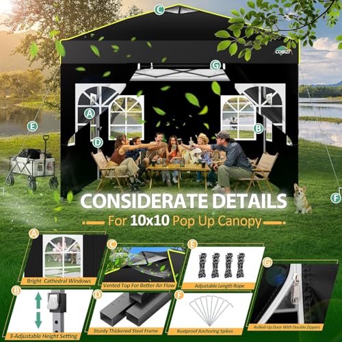 COBIZI 10x10 Pop up Canopy Tent with Sidewalls,One Push Setup Tent for Parties, Waterproof & UV 50+ Outdoor Commercial Gazebo with Air Vent, Reflective Strip,4 Sandbags for Garden, Beach,Black - color: Black(1-year warranty), size: 10x10
