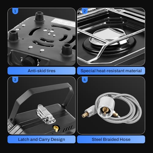Adjustable 2 Burner Portable Camping Stove Propane (16000 BTU) with Camping Grill and Carrying Bag, Folding Propane Stove,Gas Camping Stove with Piezo Ignition for Camping, Backyard BBQ, Black - color: black