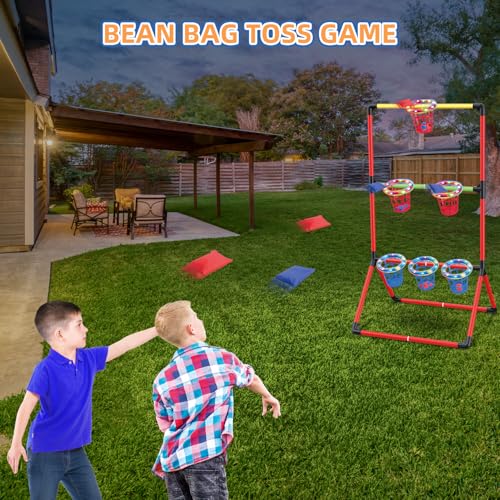 Backyard Lawn Games for Adults Kids - 3-in-1 Yard Pong with 6 Light Up Basket, Ladder Ball and Bean Bag Toss Game - Outdoor Yard Tailgate Game for Family Parties