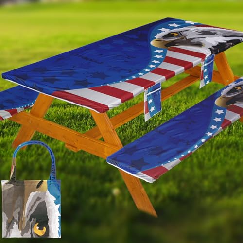 Picnic Table Cover with Bench Covers Table Cloth Tablecloth Summer Outdoor Rv Patio Tent Camping Glamping Campsite Camper Essentials Accessories Items Gear Gadgets Stuff Necessities Supplies Must Have - color: Blue Eagle Flag, size: 96in