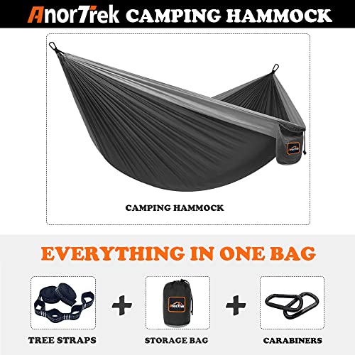 AnorTrek Camping Hammock, Super Lightweight Portable Parachute Hammock with Two Tree Straps Single or Double Nylon Travel Tree Hammocks for Camping Backpacking Hiking - color: Black&gray, size: Double 118''L x 78''W