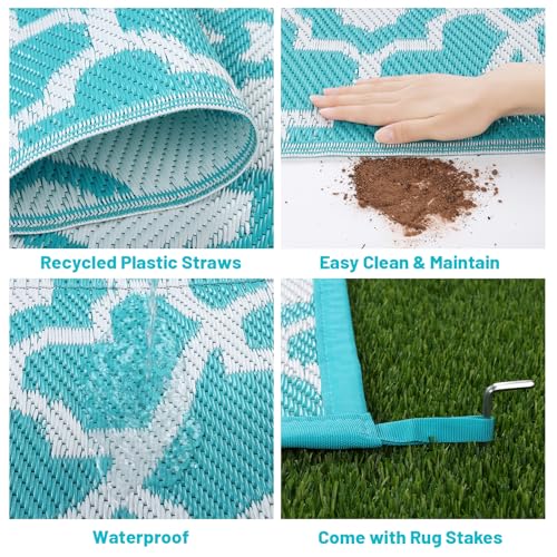 HEBE Outdoor Rug Waterproof 9x12, Plastic Straw Rug Camping Rug, Reversible Outdoor Patio Rugs RV Mat Clearance, Indoor Outside Floor Carpet for Porch,Deck,Camper,Balcony,Backyard - color: Teal, size: 9' x 12' (Rectangular)