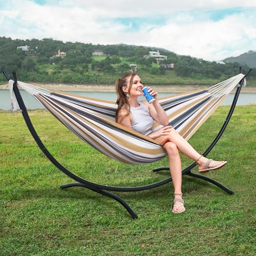 SUNCREAT 2 Person Hammock with Stand, Heavy Duty Free Standing Hammock with Stand Included, Coffee Stripes - color: Coffee White