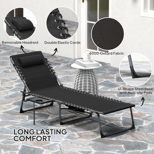 Outsunny Folding Chaise Lounge Chair Outdoor Tanning Chair with Side Table, 5-Level Adjustable Beach Lounge Chair with Headrest, Side Pocket for Patio, Backyard, Beach, Poolside, Black - color: Black