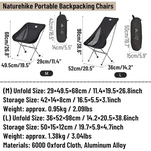 Naturehike YL04 Ultralight Backpacking Chair - 2.1lb & 330lb Capacity Compact Folding Camping Chair for Adults, Portable Stable Lawn Chairs for Outdoor Camp, Beach, Hunting, Travel, Fishing (Black-L) - color: Black-l