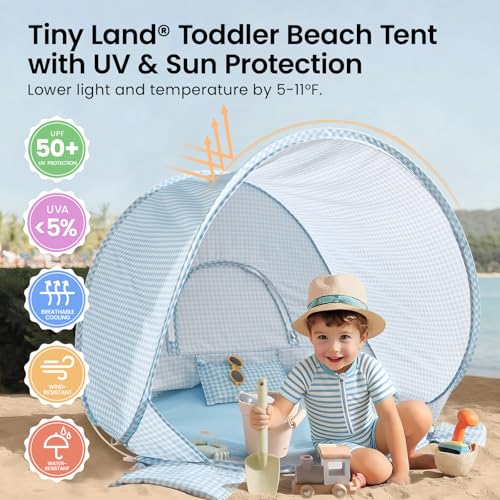 Tiny Land Baby Beach Tent – Pop Up Baby Tent with UV Protection, Portable Baby Beach Essentials, 35.4"x27.6"x31.5" Sun Shelter for Infants, Baby Summer Outdoor Use (Light Blue Gingham) - color: Light Blue Gingham