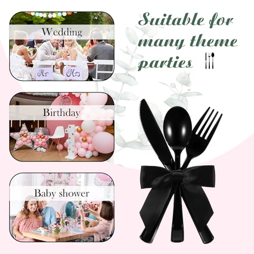 Minatee 25 Sets Black Plastic Cutlery Set with Twist Tie Bows, Heavy Duty Tableware Disposable Forks Knives Spoons Silverware Utensils Set for Coquette Birthday Bow Party Table Setting Picnics - color: Black