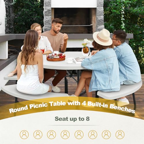 Tangkula 8 Person Picnic Table, Outdoor Round Picnic Table with 4 Built-in Benches, Umbrella Hole, Metal Frame & HDPE Tabletop, Outside Table and Bench Set for Backyard, 2300lbs Weight Capacity - color: White