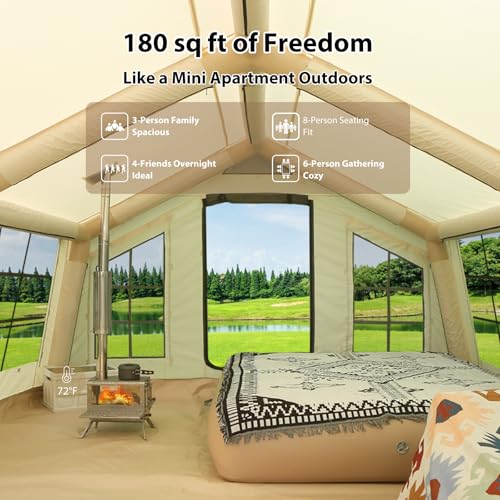 KNUO Inflatable Camping Tent, Large Blow-Up Air Tent, No Assembly Needed Luxury Glamping House, Oxford Fabric - color: Light Beige-Dual-layer Doors, size: 12x15ft