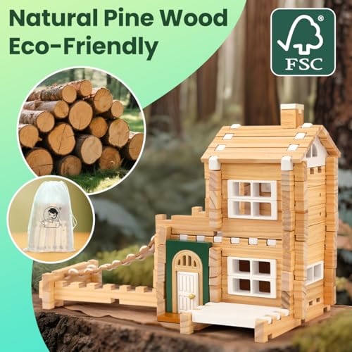 Jovi-mindly＆Notchies Building Blocks Set Wooden Blocks Toys (107 pcs) with Storage Bag, Educational Classic Wooden Blocks for Toddlers Ages 3+ Boys and Girls Aged Birthday Gift (with Printed Manual) - style: Dream House With Printed Manual