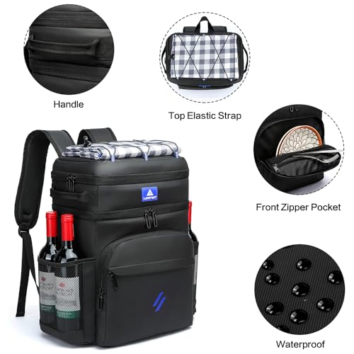 Laripwit Picnic Backpack Cooler Bag - 54 Cans Black Cooler Backpack Insulated Leak-Proof Lunch Backpack with Cooler Compartment Large Double Deck Soft Cooler Bag for Beach,Camping,Travel - color: Black-with Stretchy Strap