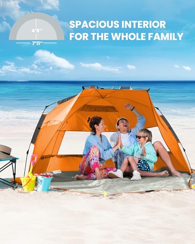 OutdoorMaster Beach Tent Sun Shelter for 3-4 Person, Pop Up Beach Tent Easy Setup with Sandbags, Portable Sun Shade Canopy with Carrying Bag for Beach & Outdoor, UPF50+ UV Protection, Family Size - color: Orange, size: X-Large