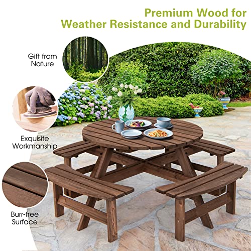 Giantex Wooden Picnic Table Set with Wood Bench, 4 Adults or 8 Kids Outdoor Round Table with Umbrella Hold Design, Perfect for Outdoor Garden Yard Pub Beer Dining, Dark Brown - size: 70.5"L×70.5" W×27.5" H