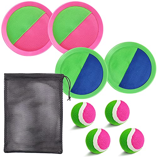 Jalunth Ball Catch Set Game Paddle - Beach Toys Back Yard Pool Outdoor Games Backyard Camping Throw Catch Toss Age 3 4 5 6 7 8 9 10 11 12 Years Old Boys Girls Kids Adults Family Outside Easter Gifts - color: Green+pink 4 Pack