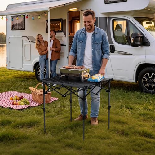 Anbte Camping Table Foldable, 2 Height Max 27.5" Aluminum Roll up Camping Table with Carry Bag & Heat-Resistant Tabletop, Lightweight, for Indoor Outdoor RV BBQ Picnic Patio Beach, 26" x 23", Black - size: 67 x 58 x [44/70] cm