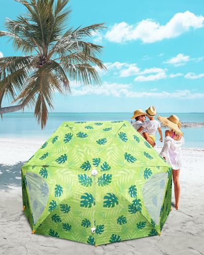 OutdoorMaster Pop Up Beach Umbrella, Portable Beach Tent Shelter, Beach Shade Sun Canopy with UPF 50+ UV Protection, Extendable Floor with Carrying Bag - color: Golden Amber