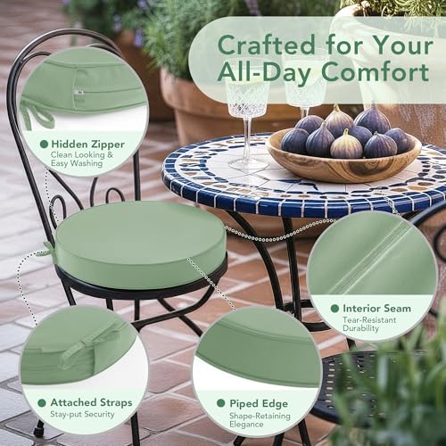 Summsun Outdoor Bistro Chair Cushions Set of 4, 15" D x 3" H Round Chair Cushions Waterproof and Fade Resistant Chair Cushion Pads with Non-Slip Ties and Removable Covers for Garden, Sage Green - color: Sage Green, size: 15x3 Inch (Round)-4p