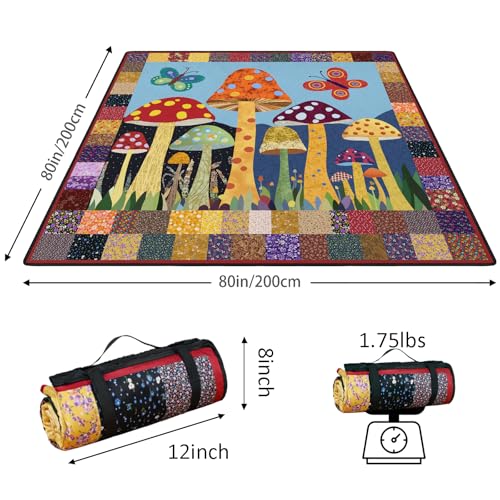 Mushroom Picnic Blankets Waterproof Foldable Picnic Outdoor Blanket 80"x 80" Picnic Mat 3-Layer Thicking Outdoor Foldable Blankets Sandproof Lightweight Beach Blankets with Strap Machine Washable - color: Mushroom05, size: 80*80in