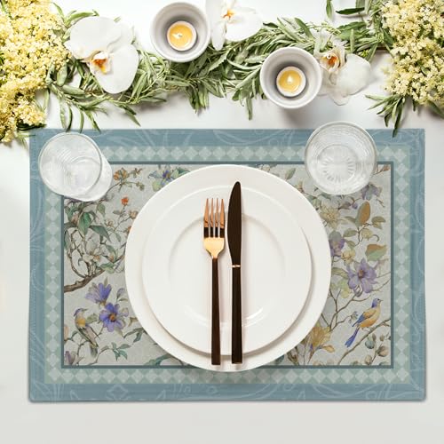 Spring Placemats Set of 4 Blue Birds Flowers Blossom Table Mats Seasonal Spring Floral Place Mats Washable Rustic Holiday Table Decoration for Indoor Outdoor Party Kitchen Dining - color: Blue Bird Flowers