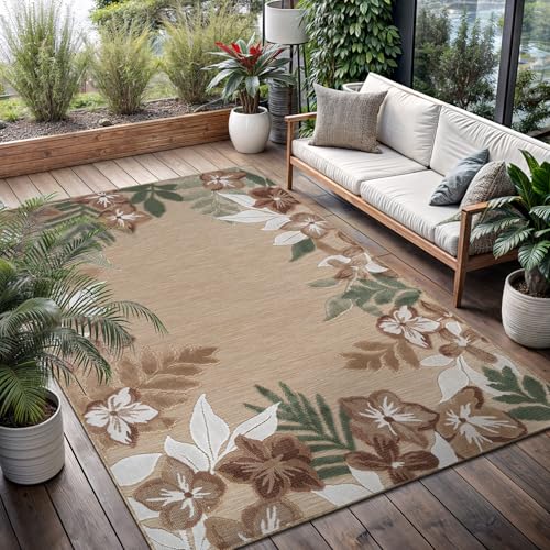 Outdoor Rug 8x10 Washable Area Rugs Indoor Outdoor Carpets Beige Border Floral Non Shedding Waterproof Easy Clean Patio Deck Porch Living Room Bedroom Garden RV (8 X 10 Beige) - color: 1-beige, size: 8' x 10' (Rectangular)