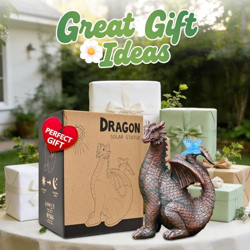 Nacome Solar Dragon Outdoor Statues for Garden: Outside Decor with Butterfly Clearance for Yard Art Lawn Ornaments Porch Patio Balcony Home House for Mom Grandma Women - color: Garden Dragon